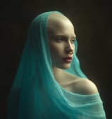 a woman with a blue veil and a blue veiled head