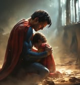 a man in a superman suit is holding a child