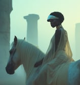 a woman in a white dress riding a horse