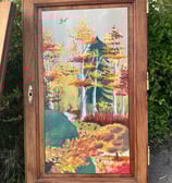 Porte de placard peinture sur bois forêt d'automne pivert lapin fresque sur meuble
