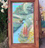 Porte placard bois peint peinture sur meuble effet printemps cerf bucolique floral