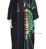 a black and white dress with a green and red tie dye dye