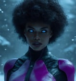 a black woman in a purple outfit with blue eyes