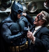 batman and two face fighting in a restaurant kitchen
