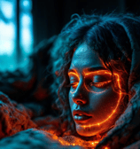 migraine head ache pain relief head femal red light neon pootion yoga peace of mind  psychology