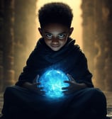 a young boy holding a glowing orb ball