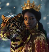 a woman in a gold crown and a leopard