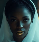 a black woman with gold lips in a white cloak
