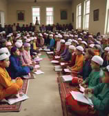 A group of people are gathered inside a room with muted light filtering through a window. A person wearing a face mask and a red jacket sits on a plastic chair while interacting with a seated woman. Other individuals in the room are engaged in conversations and appear to be involved in a community activity. The walls are bare and some writing is visible. The setting gives the impression of an informal communal space.