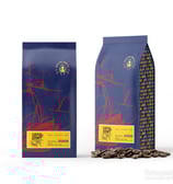 coffee bags with stickers, dark blue color and red boat picture, yellow sticker with taste notes