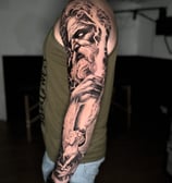 Zeus and Pegasus black and grey greek mythology sleeve tattoo