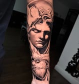 Angel, Dove, Sacred heart black and grey tattoo on forearm