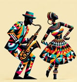 a man and woman playing saxophones in a colorful, geometric pattern