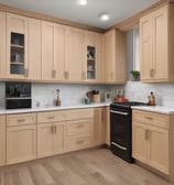 A spacious kitchen with wooden cabinetry and modern appliances, including a stainless steel refrigerator and dishwasher. The countertop is dark granite, and there is a large window above the sink allowing natural light to enter. Recessed lighting in the ceiling provides additional illumination. The flooring appears to be tile with a neutral design.