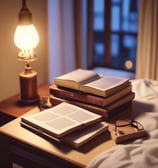 Table de chevet avec un livre ouvert, une paire de lunettes et une lampe allumée.
