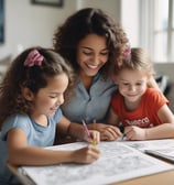 Five young children appear to be reading from various colorful books with illustrations on the covers. The children are seated closely together, engrossed in their books. Each child has distinct hair color and expression, contributing to a playful and whimsical atmosphere.