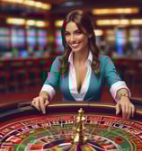 A dimly lit casino filled with rows of slot machines, some occupied by people. The machines' lights contrast with the dark surroundings, creating a vibrant yet subdued atmosphere.
