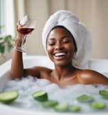 A serene spa setting with three beauty product tubes displayed prominently on a small round table. In the background, a person relaxing in a bathtub with a towel wrapped around their head and sunglasses.