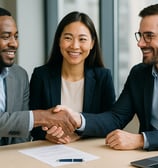 Three diverse business professionals smiling and shaking hands around a contract in a modern office, representing successful 