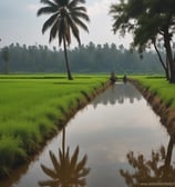 A white van is parked in an open area surrounded by trees. The vehicle is facing away, with a ladder on its rear door, and the brand 'Westfalia' is visible. To the left, several portable toilets are lined up in blue and there are cars parked in the background.