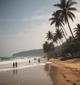 A dark-colored Volkswagen car is parked on a dimly lit road during dusk. The vehicle has its headlights on, and there's a cargo box on the roof decorated with small string lights. Trees and shrubs line the roadside under a clear, fading blue sky.