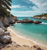 Aerial view of a tropical beach resort surrounded by lush greenery. Small villas are lined up along a pristine white sand beach, flanked by palm trees. The clear turquoise water of the sea gently laps the shoreline, providing a serene backdrop. A swimming pool is visible on the right, adding to the luxurious setting.