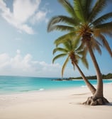 A sandy beach with scattered lounge chairs under an expansive blue sky with wispy clouds. A large resort hotel with vibrant orange and brown tones is situated on the left side, bordered by green palm trees. Waves gently lap against the shore, and a few people are visible enjoying the coastal setting.