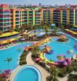 A large, modern hotel building with a glass facade is situated near a beach. The sandy shoreline stretches alongside a calm sea, with a number of people enjoying the sunny weather. Palm trees line the promenade, adding to the coastal atmosphere, and the sky is mostly clear with some light clouds.