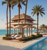 A beachfront resort with a large, elegant building featuring multiple stories and balconies, surrounded by palm trees. The foreground consists of a white sandy beach with scattered lounge chairs and umbrellas. The sky is clear with a few clouds, indicating a sunny day.