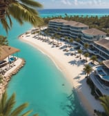 A coastal scene featuring a wide sandy beach stretching alongside a line of tall beachfront hotels and high-rise buildings. The beach is sparsely populated with people enjoying the sun and the waves. Soft waves roll onto the shore, and there are partially cloudy skies with a warm, hazy sunlight.