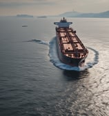 A large cargo ship is navigating the water, stacked with red shipping containers labeled 'SHIN YANG.' A smaller vessel is moving alongside by the port, leaving a trail in the water. In the background, cranes and industrial structures are visible against a somewhat cloudy sky.