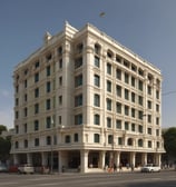 A view of the upper floors of a light-colored building with multiple windows and ornate architectural details. A red and white 'For Sale' sign with contact information is visible on the building's facade. The building is surrounded by greenery, and there are overhead utility lines. The sky above is partly cloudy with patches of blue.