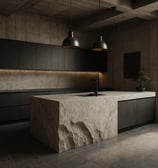 cocina-lujo-brutalista-hormigon-isla-piedra-oscuridad-industrial