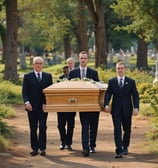 vier sargträger auf dem waldfriedhof sie tragen den sarg zur grabstätte