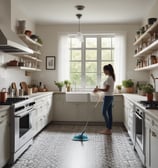 A woman in a dark uniform with a white apron and hair ribbon is cleaning the handle of a door. The setting appears to be the entrance to an old building with stone walls and a metal grate on the ground. A brass-finished metal container is positioned near the entrance.