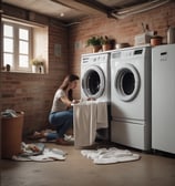 A group of people inside a room engage in cleaning or maintenance activities. One person sweeps the floor with a broom while others stand and observe, smiling or gesturing. The room has wooden structures and a child rests on a bed nearby.