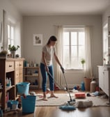 A person wearing a hat and face covering is cleaning the windshield of a red Honda car parked in front of a building with an orange tiled roof and cream-colored doors.