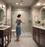 Three individuals are cleaning and arranging items in a room with large glass windows and cabinets filled with trophies and books. One person is sweeping, another is arranging items, and the third is handling a large bag.