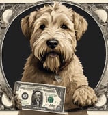 Wheaten terrier holding lots of dolars in hand