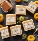 A large honeycomb displayed on a stand with the word 'honey' on a small chalkboard sign. Surrounding the honeycomb are various jars, possibly containing honey or spreads, and a collection of arranged small jars in the background.