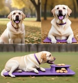 Labrador sitting in a park with a mat, and with a bowl of dog cookies