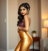 a woman in a gold dress and gold pants