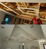 Ceiling remodeling process in Douglas GA by Garnet Painting — from wood framing to completed drywall ceiling design.