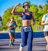 a woman running in a race with a headphones on