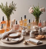 A collection of beauty and skincare products is arranged on a surface, including bottles of oils and serums, cosmetics like lipstick and blush, makeup brushes in a holder, and a lit black candle adding ambiance. The setup is accompanied by cotton swabs, emphasizing a self-care or beauty routine theme.