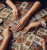 A pair of hands is positioned palms-up on a cloth featuring zodiac signs and a sun-like face. A stack of tarot cards, adorned with mystical symbols, rests on the cloth, surrounded by scattered blue glass beads.