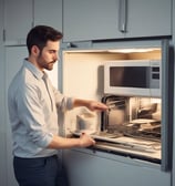 A close-up view of a white Hotpoint appliance control panel, featuring a mechanical timer display indicating 2.20. Two white knobs labeled 'Minute Minder' and 'Cook Time/Start Time' are present below the display.