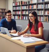 A person is holding a book titled 'College English Creative Communication' in front of their face, while making a peace sign gesture with their hand. The setting appears to be a classroom with wooden desks and several people in the background, slightly blurred.