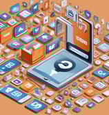 A smartphone and a laptop are placed on a wooden floor. The smartphone displays a dark-themed social networking app with the text 'Social networking that's not for sale.' The laptop screen shows a colorful cartoon illustration with animated animals, including what appears to be a mammoth, in a welcoming scene.