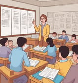 A teacher is engaging with a group of students sitting at a desk. The students are dressed in matching attire and wearing traditional headwear. They appear focused on their studies as they interact with the teacher. Books are open in front of them, and shelves filled with books are visible in the background.